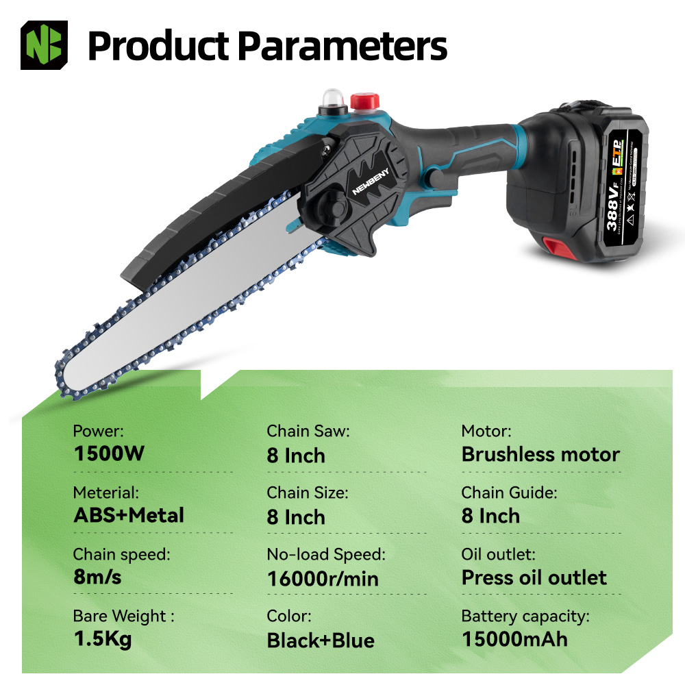 NEWBENY 1500 Вт 8-дюймовая бесщеточная аккумуляторная электрическая цепная пила перезаряжаемые деревообрабатывающие садовые электроинструменты для батарейного штифта Makita