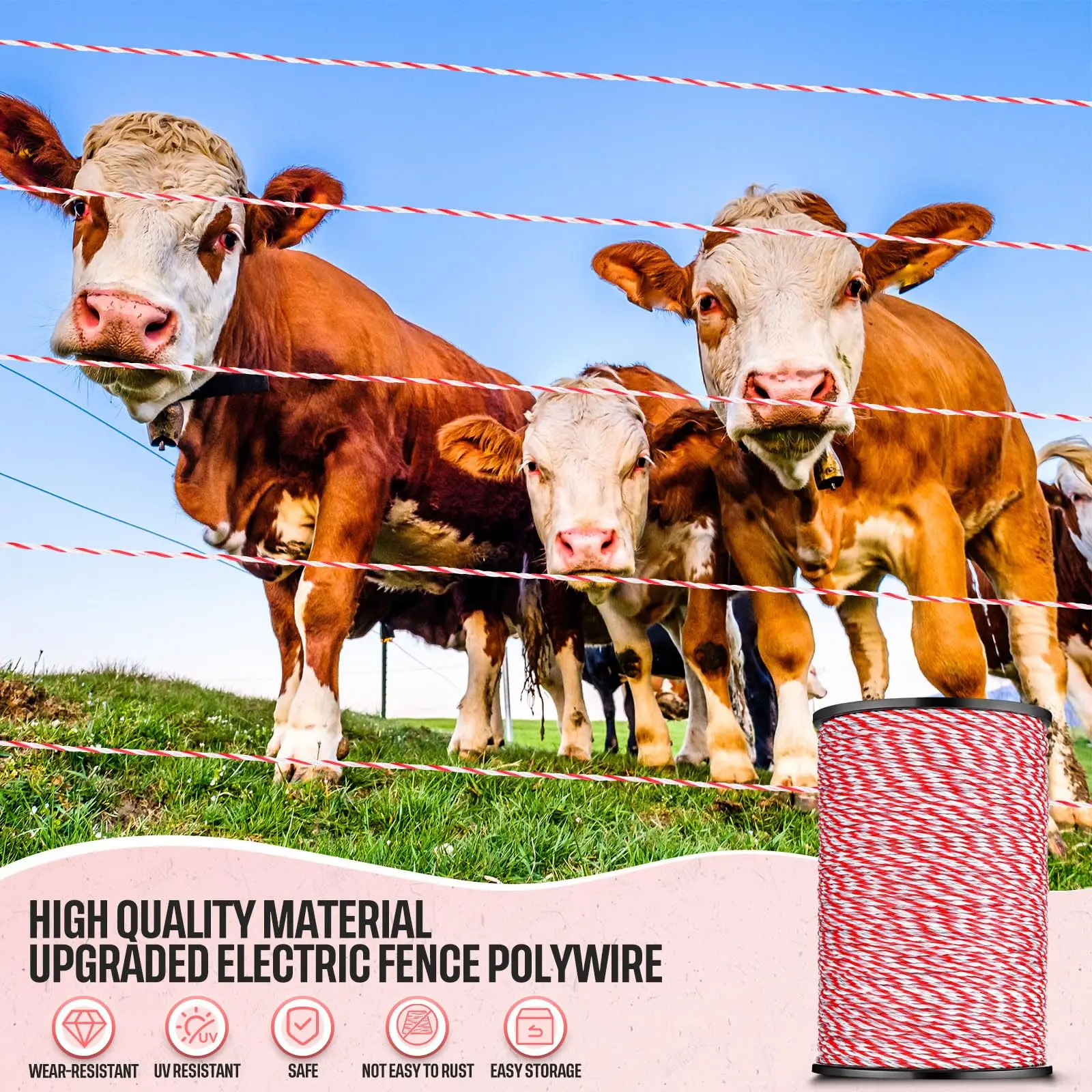 Corda per recinzione elettrica in rotolo da 200/500M in polietilene con corda in acciaio per recinzione di animali per cavalli Filo e accessori a bassissima resistenza