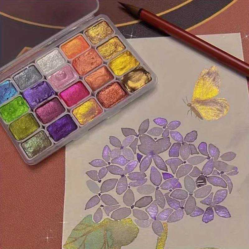 20-farbiges Aquarell-Malset aus Metall, neue tragbare Box mit funkelnden Perlen, solide Aquarellmalerei, Künstlerbedarf