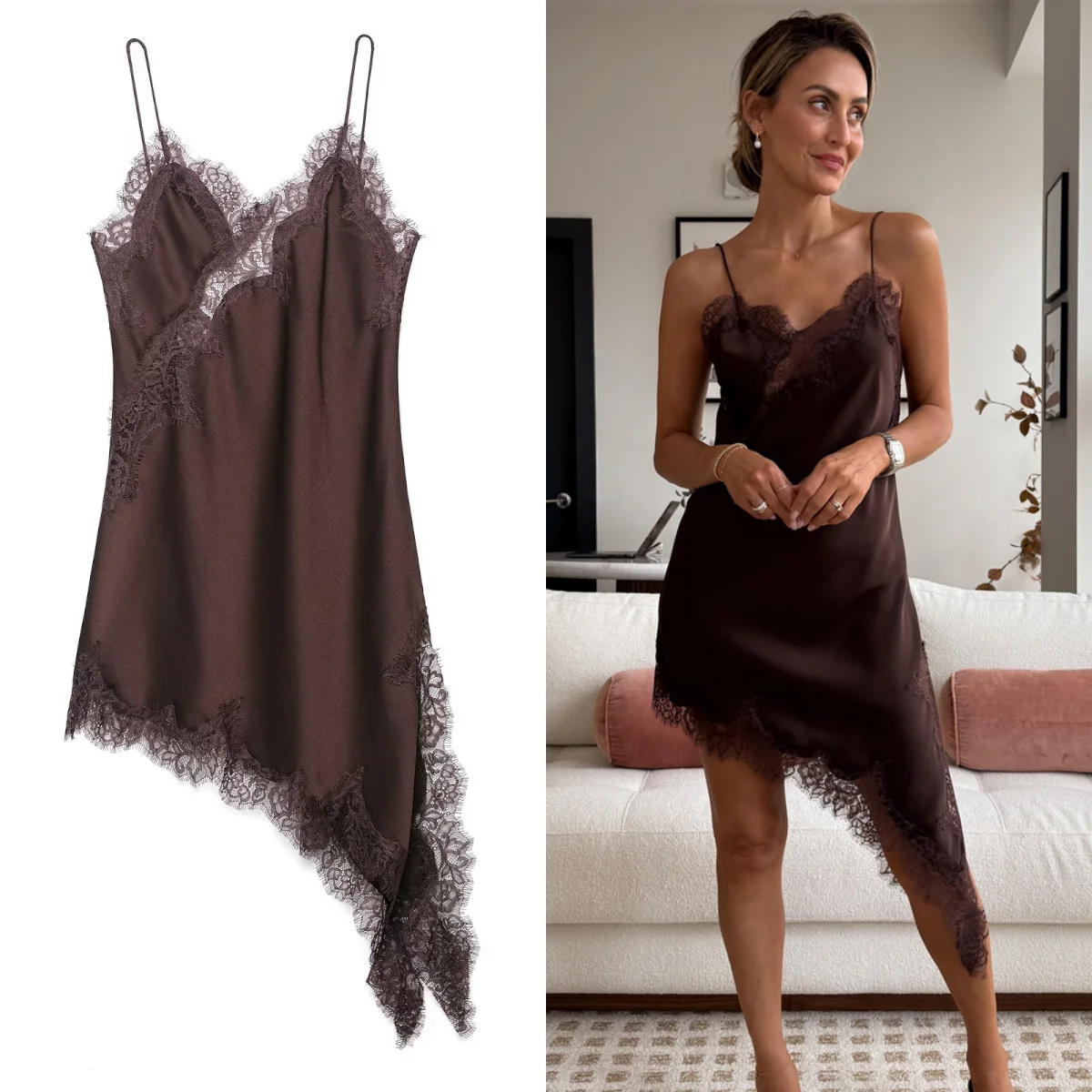 UNIZERA Women's Lace Asymmetrical Dress Sexy Suspender Summer 2025 New Temperament Fashionable