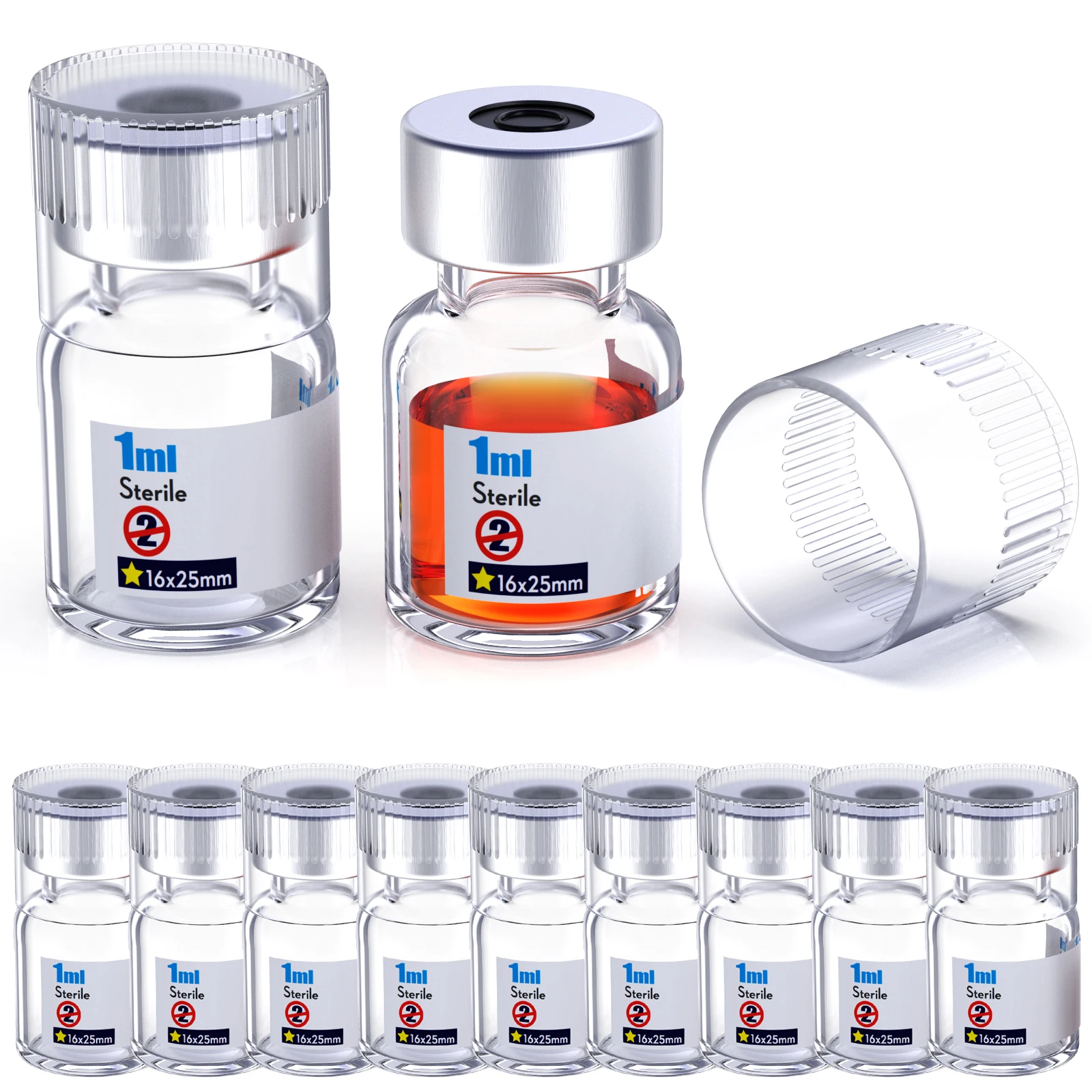 Fiale vuote sterili con tappo riutilizzabile e porta di iniezione autorigenerante da 13/20 mm, fiale di vetro con fibbia, confezione sterile, trasparente
