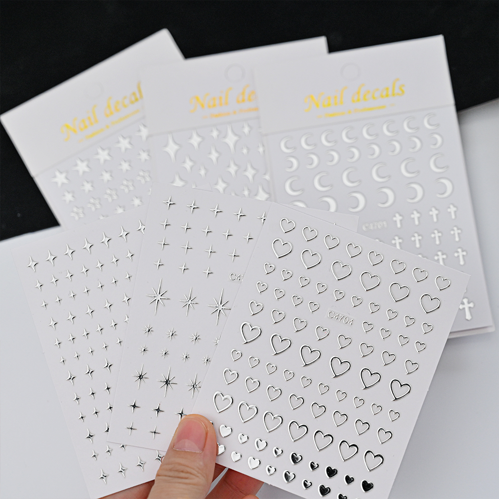 6 ชิ้น/เซ็ตโลหะ Silver Star/หัวใจ/ดวงจันทร์ 3D สติ๊กเกอร์เล็บ 8*10 ซม.Hollow Love/Cross Self-Adhesive Slider หรูหราเล็บ Decals