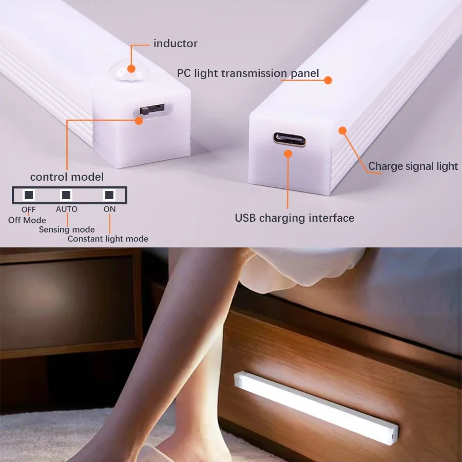 Bóng Đèn LED Cảm Ứng Chuyển Động Dưới Tủ USB Sạc Đèn Ngủ LED Cho Tủ Quần Áo Tủ Bếp Tủ Quần Áo Tủ