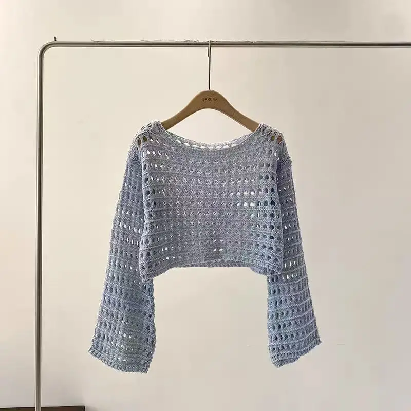 긴 소매 크로 셰 뜨개질 니트 탑 여름 해변 비키니 커버 자르기 풀오버 울 니트 블라우스 여성 휴가 Boho 복장
