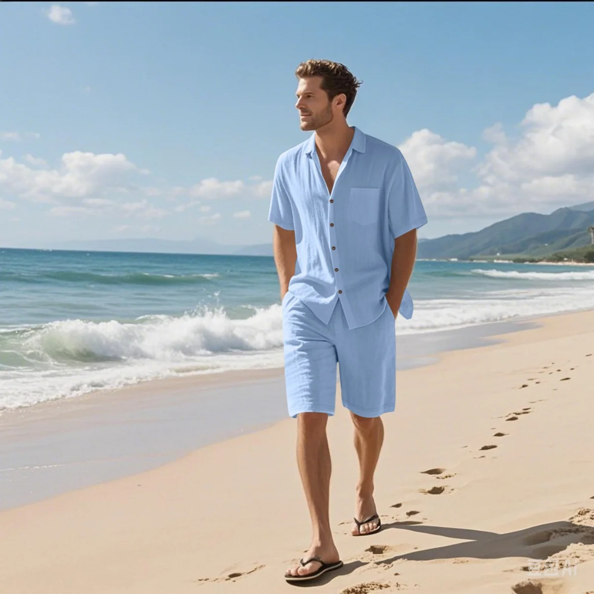 Neues Sommer-Herren-Retro-Hemd-Set aus Baumwolle und Leinen, modisches Strand-Kurzarmhemd und Shorts mit Reversknöpfen und zweiteiligem Set