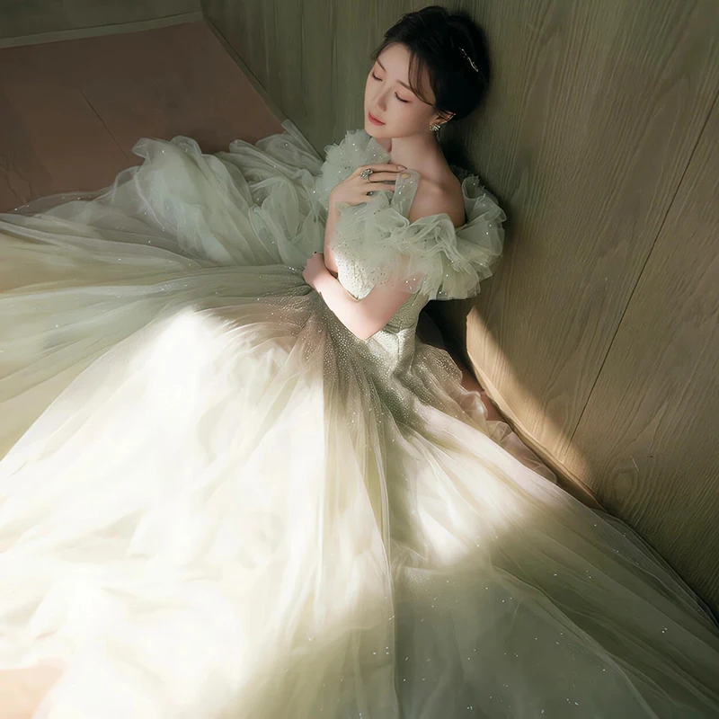 Vestido de Noite Verde E para Mulheres, Estilo Luxuoso de Conto de Fadas, Fsia de Apresentadora com Detalhes Flora...