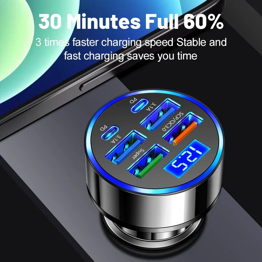 100W 6/8 พอร์ต Car Charger Fast CHARGING PD QC3.0 USB C รถชาร์จโทรศัพท์ประเภท C อะแดปเตอร์รถสําหรับ iPhone samsung Huawei Xiaomi