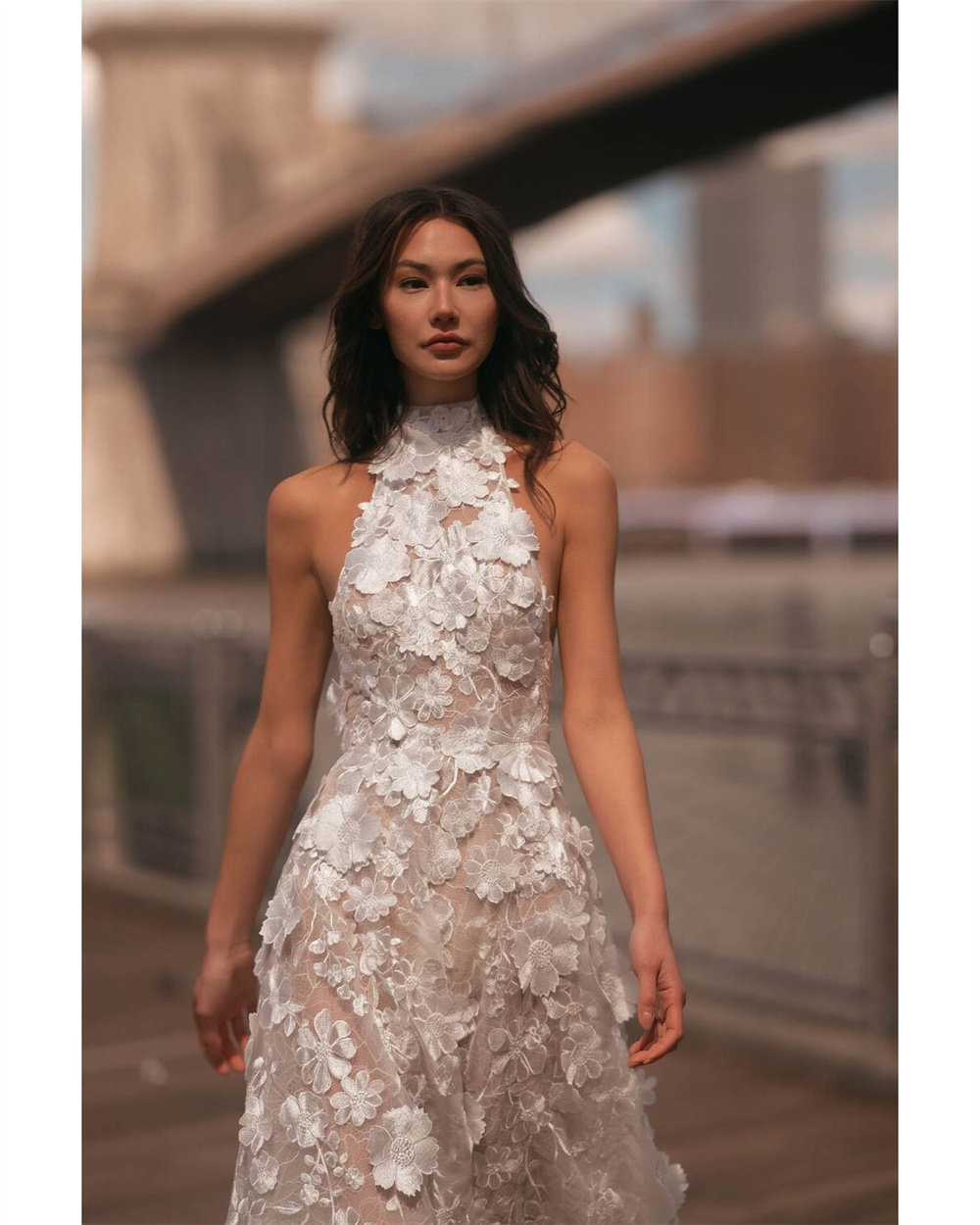 Kyoto Customized White Lace Appliques Strapless Wedding Dress A-Line Halter Neck vestidos de novia Backless Sweep Train Formal