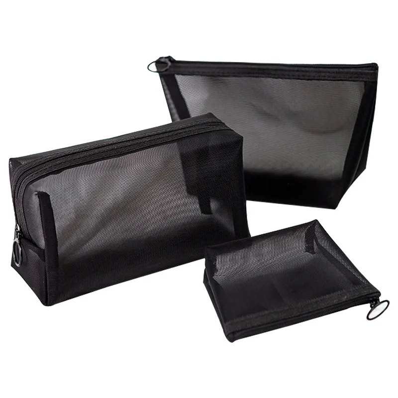 Nuevas bolsas de cosméticos transparentes de malla, bolsa de maquillaje negra transparente pequeña y grande, organizador de artículos de tocador de viaje portátil, bolsa de almacenamiento de lápiz labial