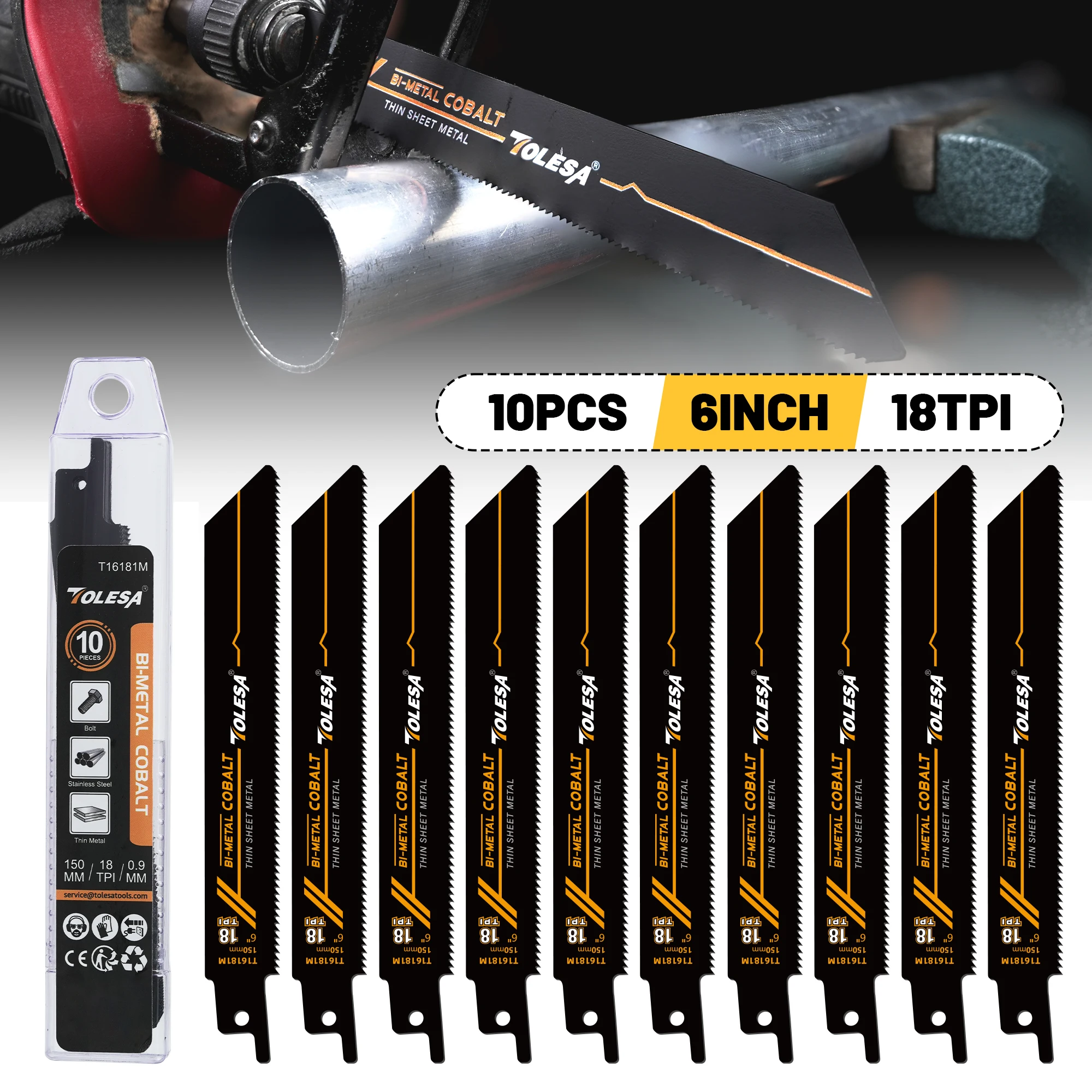 TOLESA 10PCS Bi-Metal Sawzall Blades Metal Cutting 150mm/225mm 18TPI Reciprocating Saw Blades with Cobalt for Metal Fine Cutting