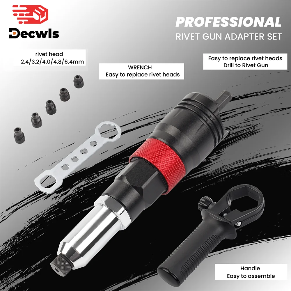 Machine à riveter, adaptateur de pistolet à riveter électrique, outil de rivetage domestique 2,4 mm-3,2 mm-4,0 mm-4,8 mm-6,4 mm avec poignée, machine à riveter multifonction sans fil, adaptée aux perceuses électriques