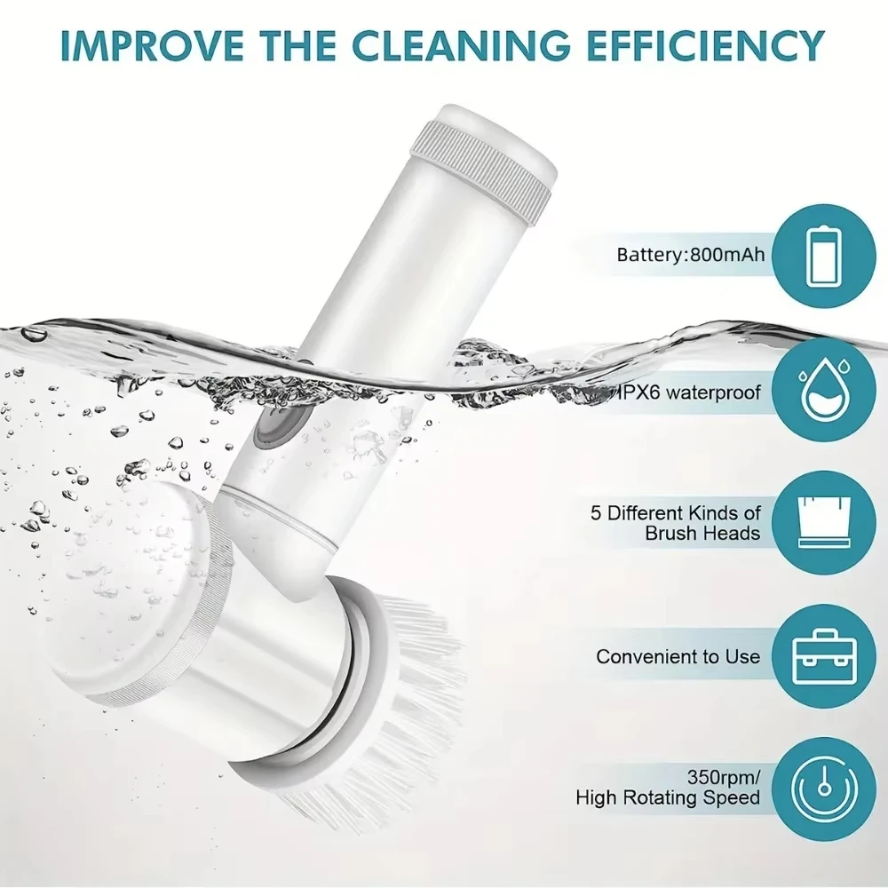 Purificador de rotação elétrico com escovas substituíveis, Escova de limpeza portátil, Chuveiro recarregável, 5 pcs