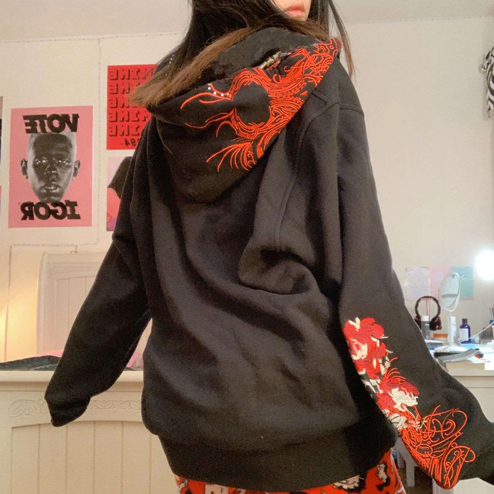 Dourbesty ヴィンテージゴシックグランジスカルプリントジップアップパーカーダークアカデミア原宿スウェット秋美的コートトップス Y2k