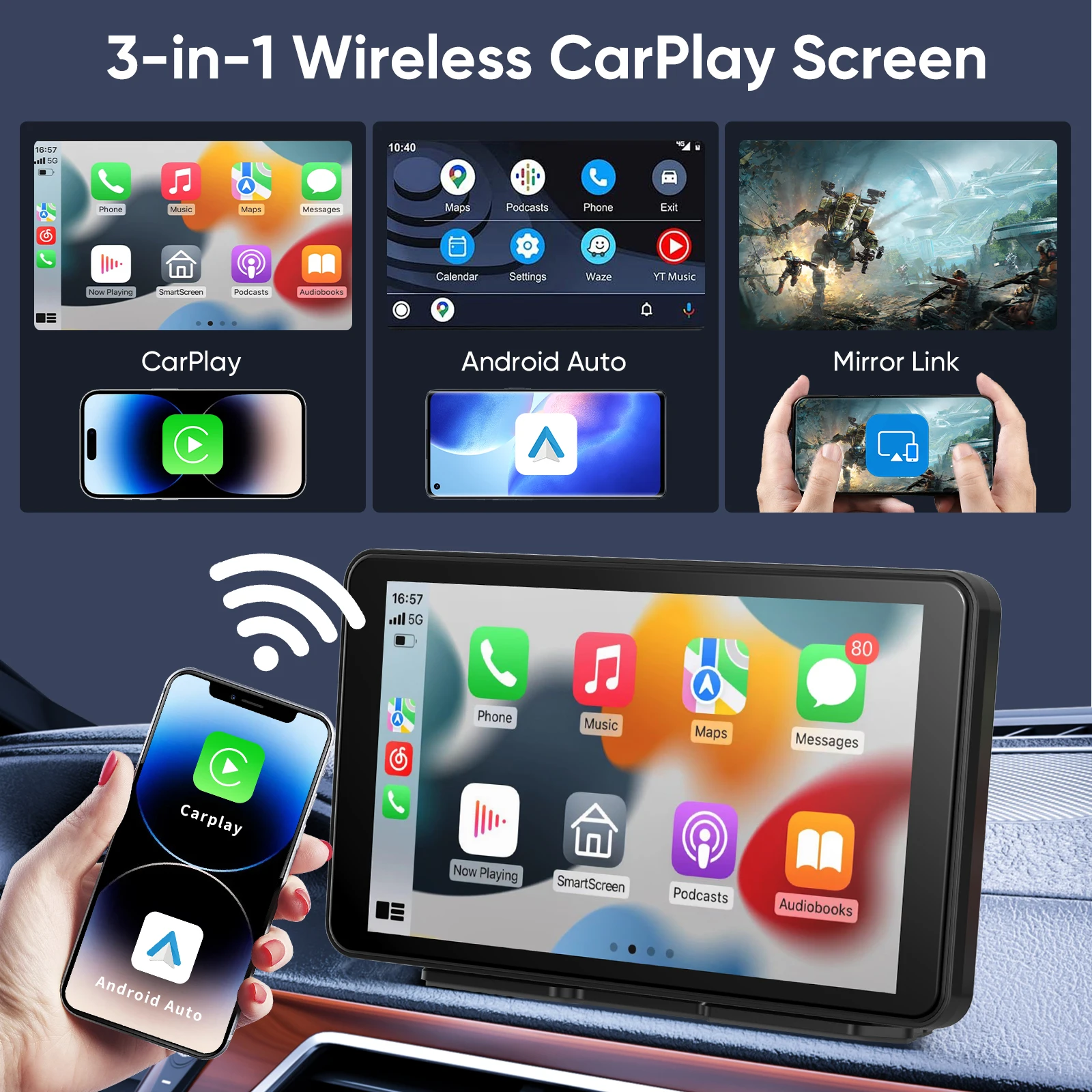 Uniwersalny przenośny ekran CarPlay Pionray 7/10 cali z Android Auto do radia samochodowego, bezprzewodowy ekran CarPlay dla Apple