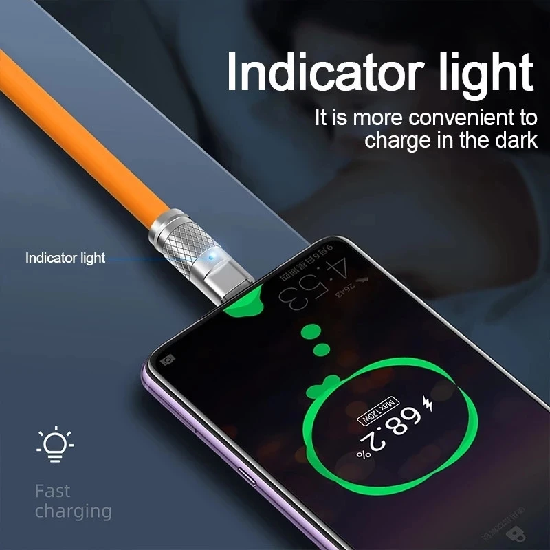 3PCS 120W 초고속 충전 타입-C 액상 실리콘 케이블 고속 충전 USB C 라인 샤오미 화웨이 삼성 USB 휴대폰 데이터 케이블