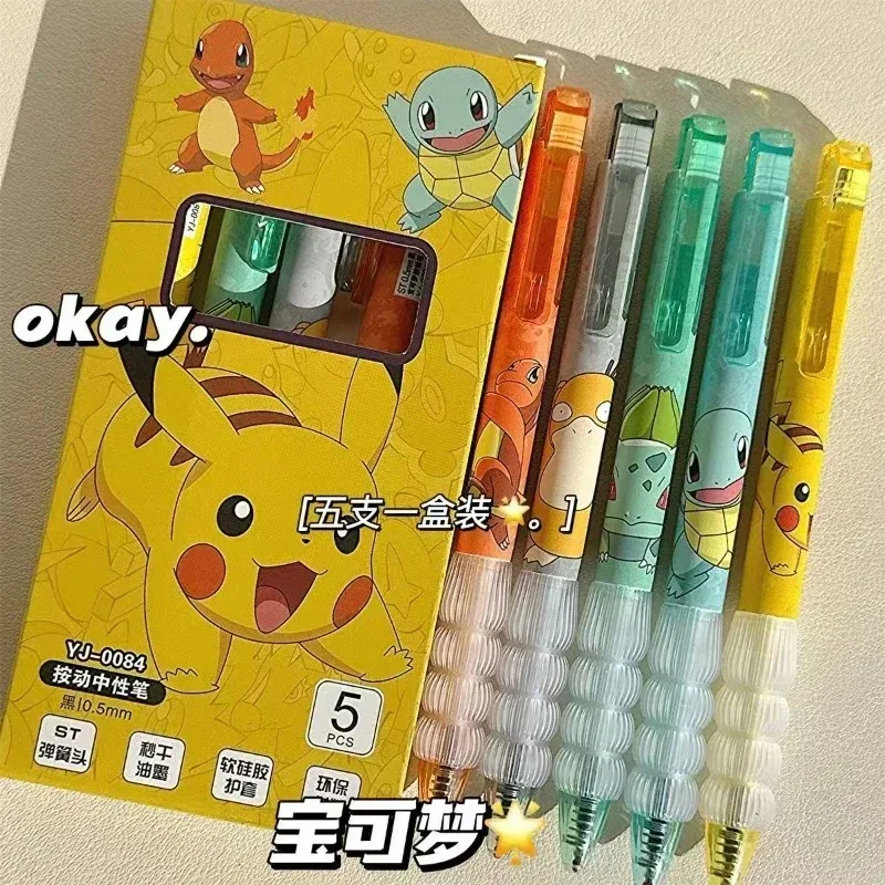 Bolígrafo de Gel de Pokémon Pikachu, 5 uds., bonito dibujo de Anime, Charmander, Squirtle, bolígrafo de Gel, papelería, suministros escolares, regalos de vacaciones