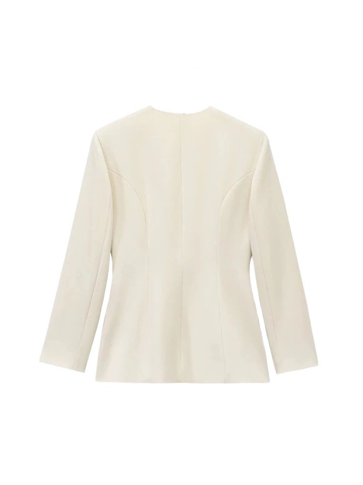 Chique blazerjas met V-hals en riem voor dames, mode-bovenkleding met lange mouwen en drukknopen