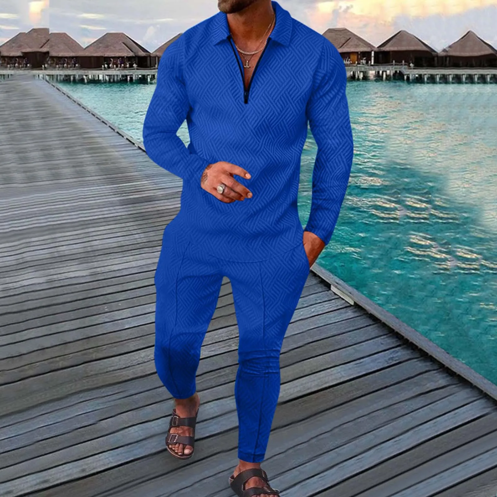 Nueva tendencia de moda para hombres, camiseta con solapa de color sólido, jersey con cremallera, cómodo, informal, ajustado, manga larga + Pantalones deportivos de dos piezas