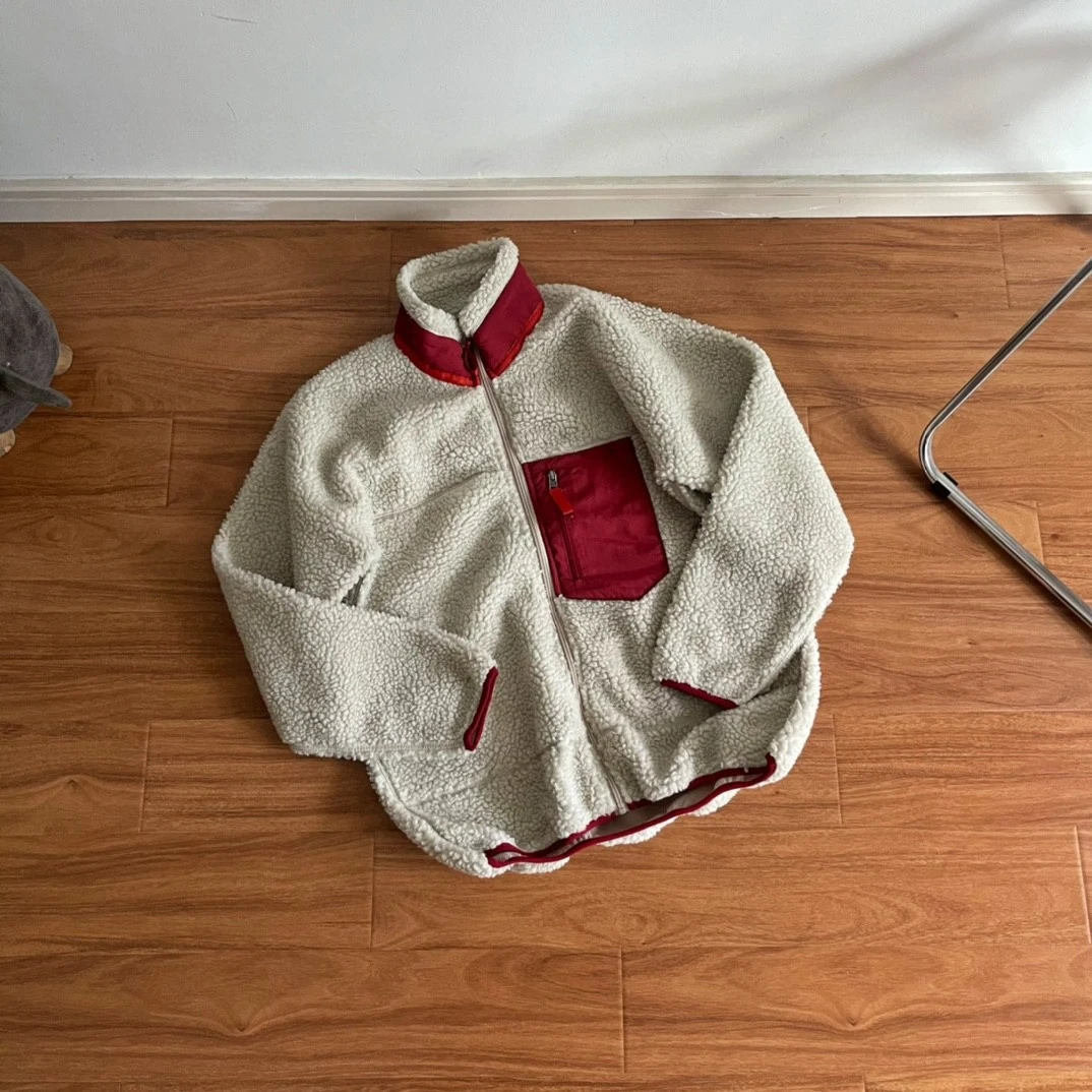 Veste unisexe en polaire d'agneau coupe ample – Col montant, multicolore, manteau polaire chaud avec poches rétro contrastées pour un usage décontracté