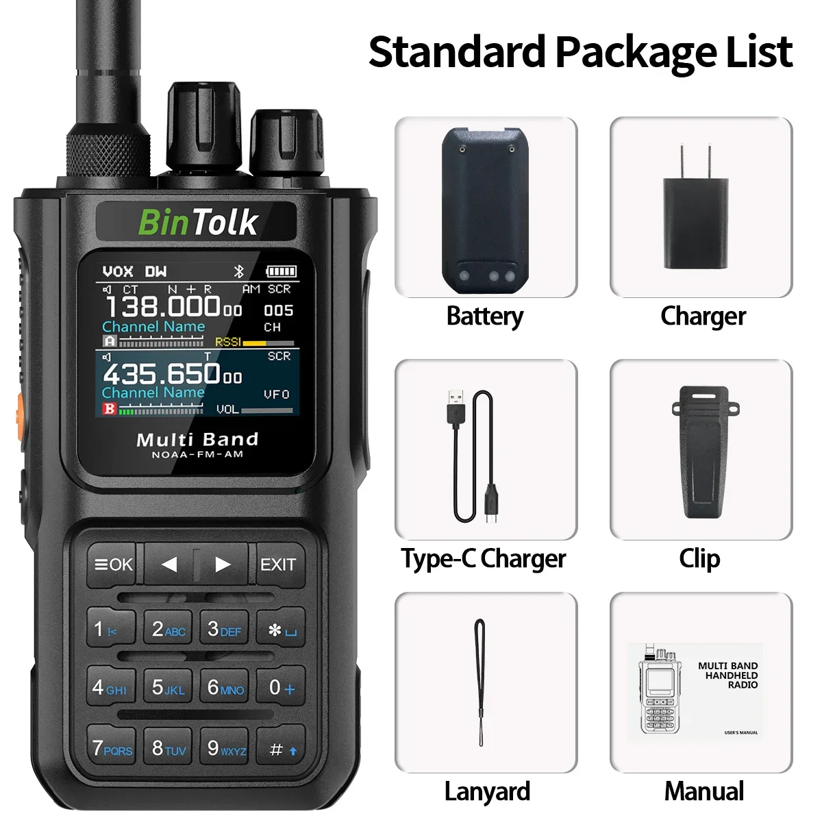 BinTolk BT8000 Walkie Talkie 10W Full Band Bluetooth Programme Noise Reduction Type-c Charger Portable AM FM Communication HAM