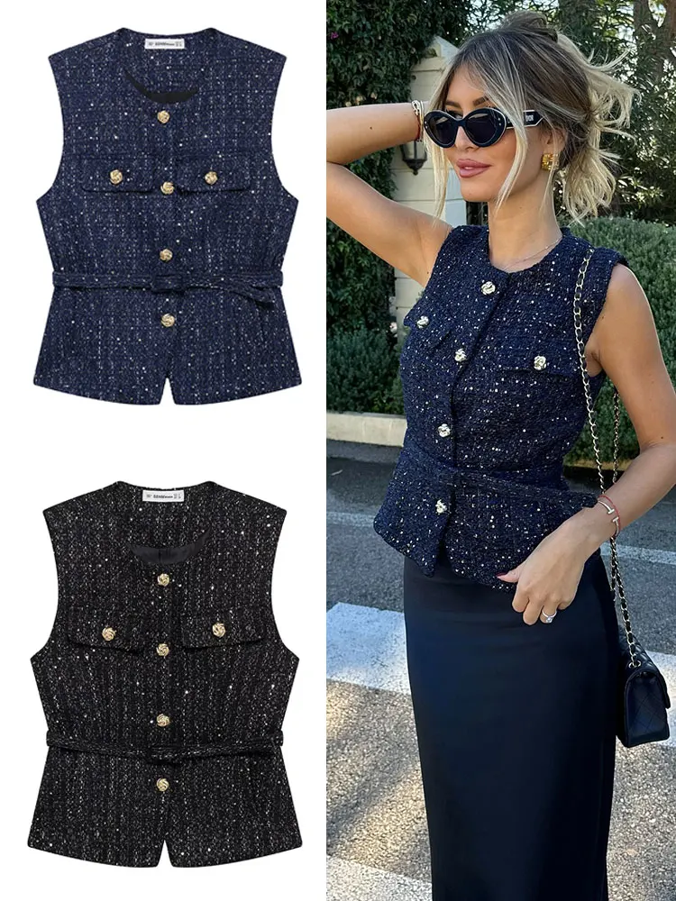 Hh moda feminina tweed cinto colete o pescoço único breasted sem mangas coletes primavera verão senhora do escritório outerwear chiques topos