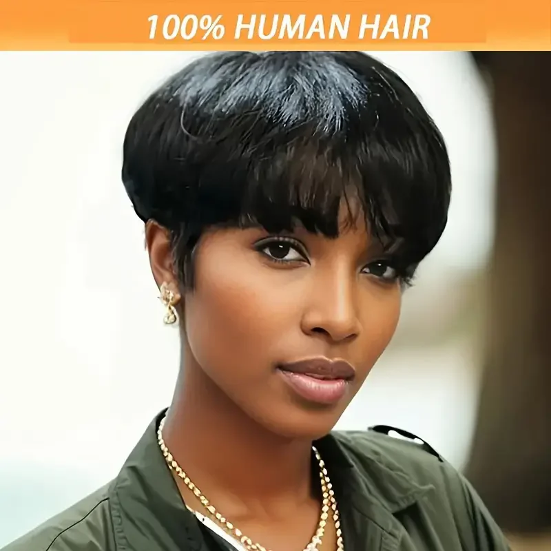 Parrucca corta Bob Parrucche diritte per capelli umani con frangia Parrucche anteriori non in pizzo per le donne Parrucca Pixie Cut Colore naturale Completa fatta a macchina