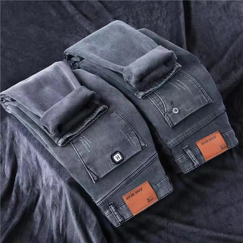 Pantalones vaqueros cepillados para hombre, vaqueros de invierno de lujo, forro polar de terciopelo, térmicos, cálidos, coreanos, versátiles, elásticos, de felpa, gruesos, ajustados