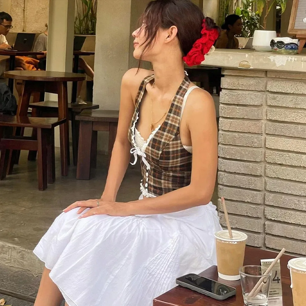 Top feminino halterneck xadrez estampado com decote em V sem costas renda slim regata com enfeite de laço