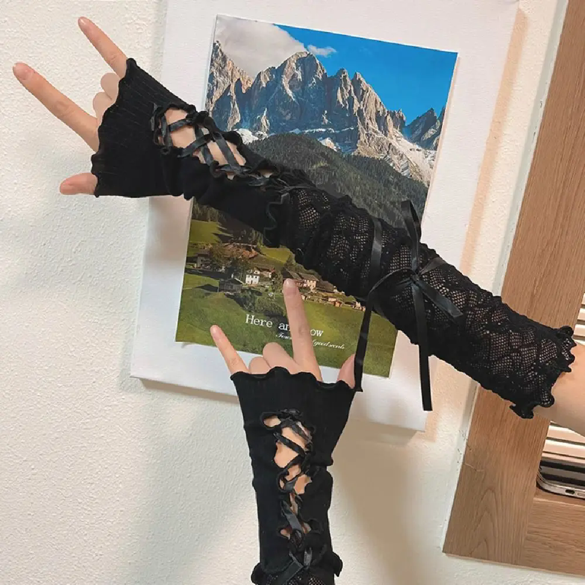 Frauen Lolita Jk Spitze Fingerlose Handschuhe Schwarz Gothic DIY Umreifung Sonnenschutz Hülse Kleidung Zubehör Elastische Mesh Punk Handschuhe