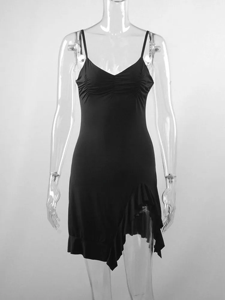 Mini vestido sem mangas sem costas para mulheres, vestido A-Line, Split Dobras, pulseira elegante, streetwear preto, moda sexy, verão, novo