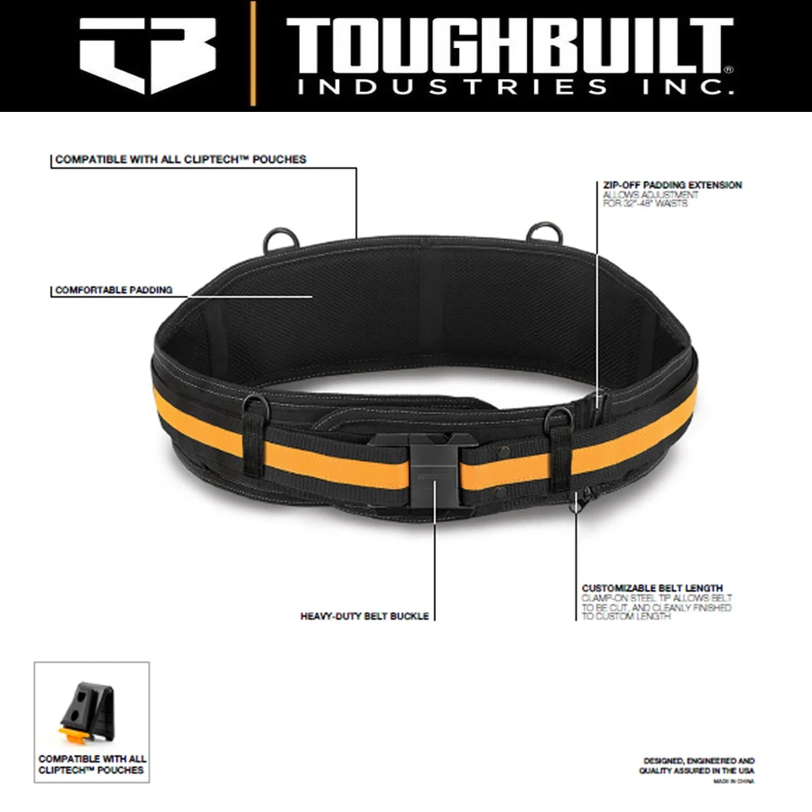 Cinturón acolchado ToughBuilt TB-CT-41B para profesionales Hebilla de acero Hebilla resistente / Soporte trasero para riñonera Clip Tech Hubs