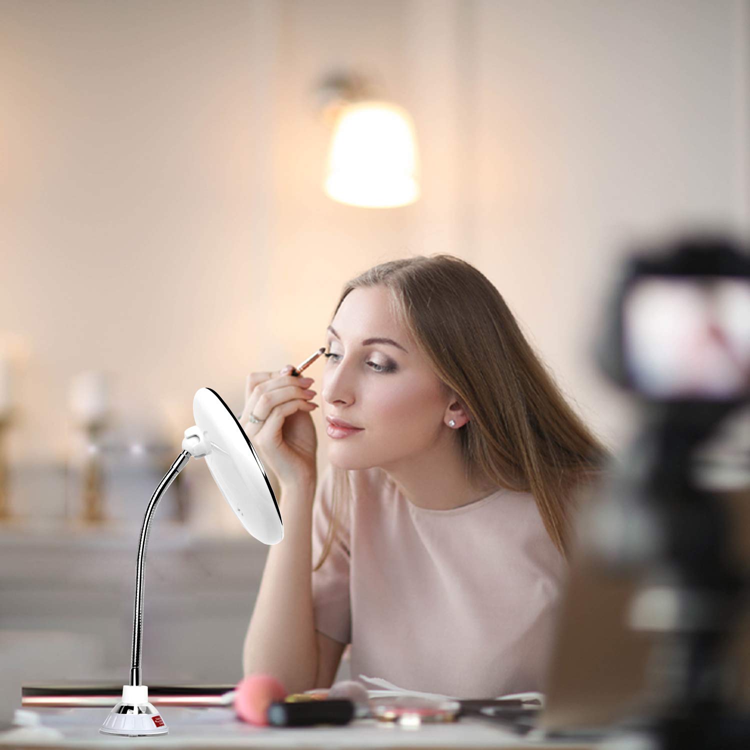 Flexibler Schwanenhals, 10-fach vergrößerter, LED-beleuchteter Schminkspiegel, Kosmetikspiegel mit Saugnapf, batteriebetrieben, kabellos