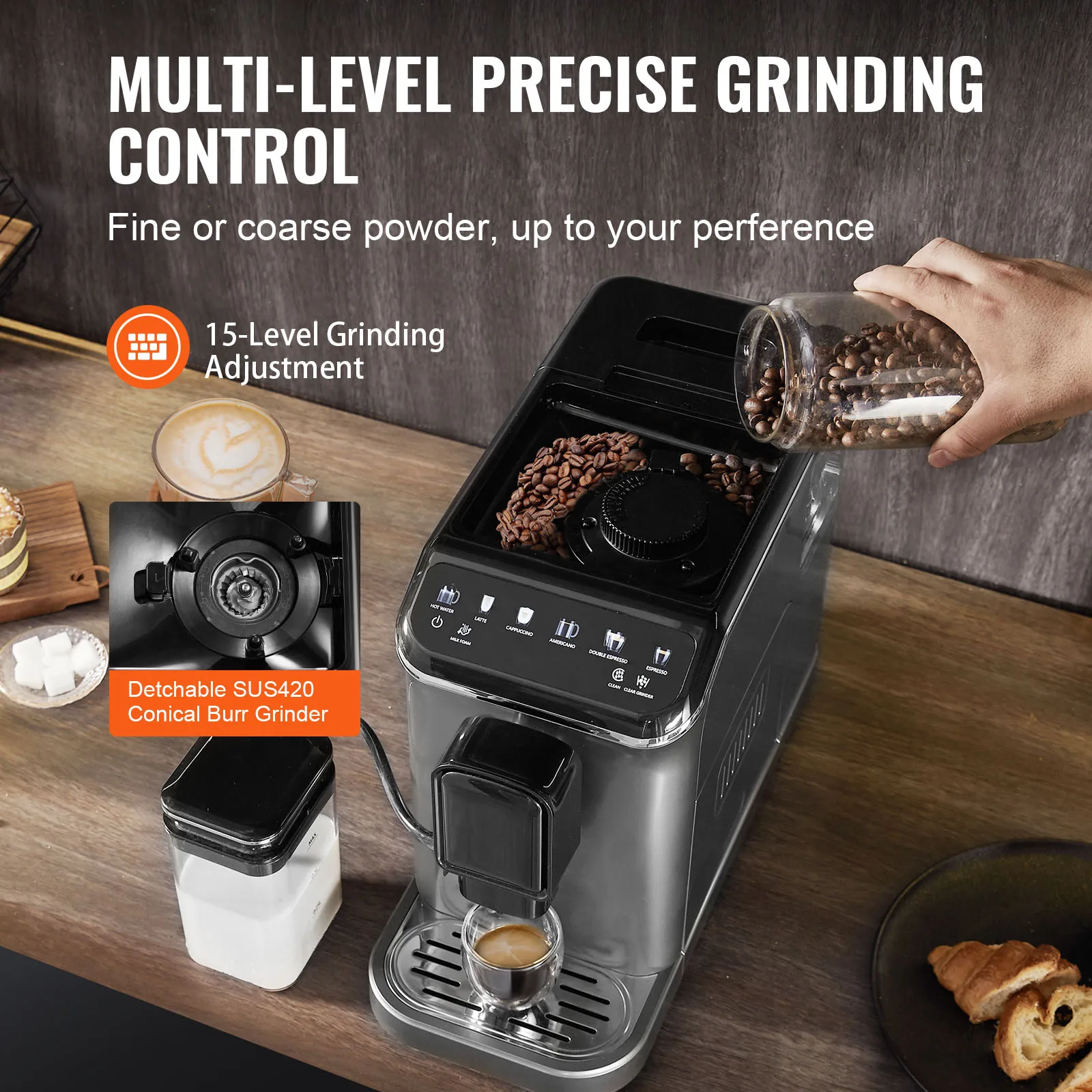 VEVOR Automatic Espresso Machine Coffee Latte Machine with Color Touch Screen 15 Grinding Levels and Removable Milk Reservoir