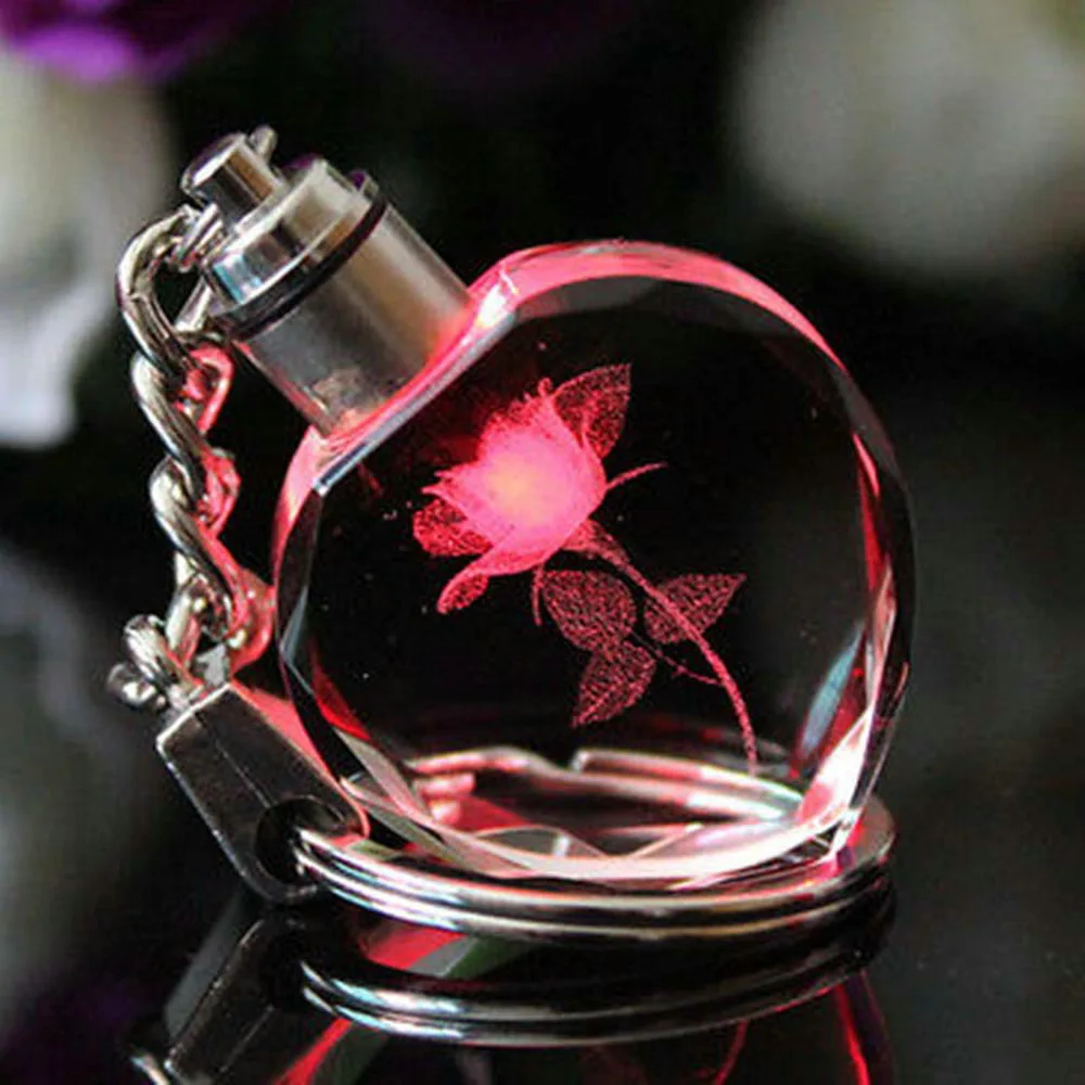 แฟชั่นสีสัน Fairy Rose ดอกไม้รูปแบบ Love รูปร่างคริสตัล Rhinestone ไฟ LED พวงกุญแจ Lover Key CHAIN พวงกุญแจเครื่องประดับ