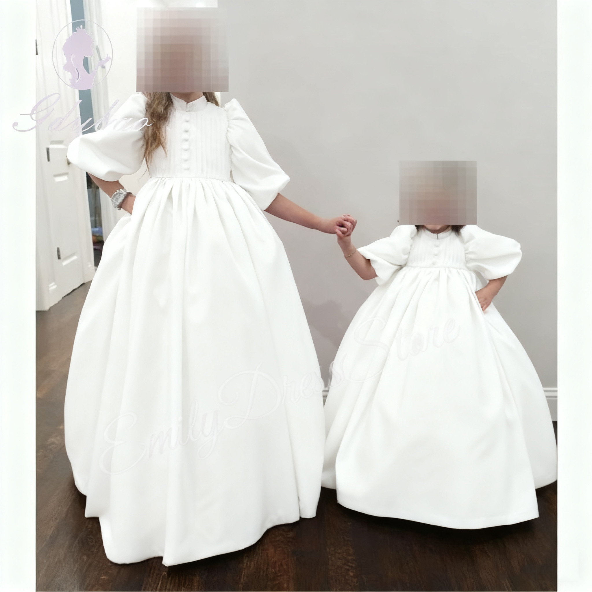 Rosa cetim inchado vestido da menina de flor para o casamento mangas compridas alta pescoço primeira comunhão crianças festa aniversário vestido baile