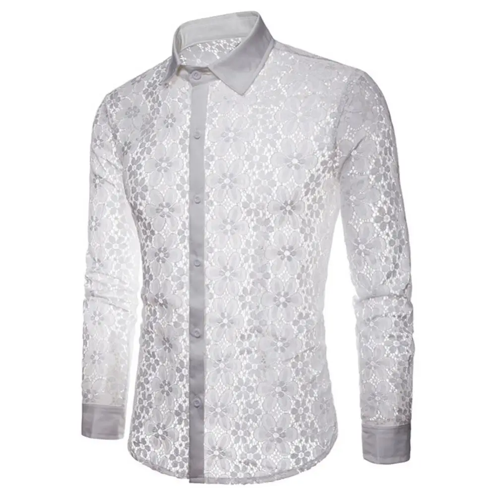 Camisas de algodón con cuello vuelto para hombre, camisa de manga larga con botones, Color sólido, encaje Sexy transparente, ropa para discoteca