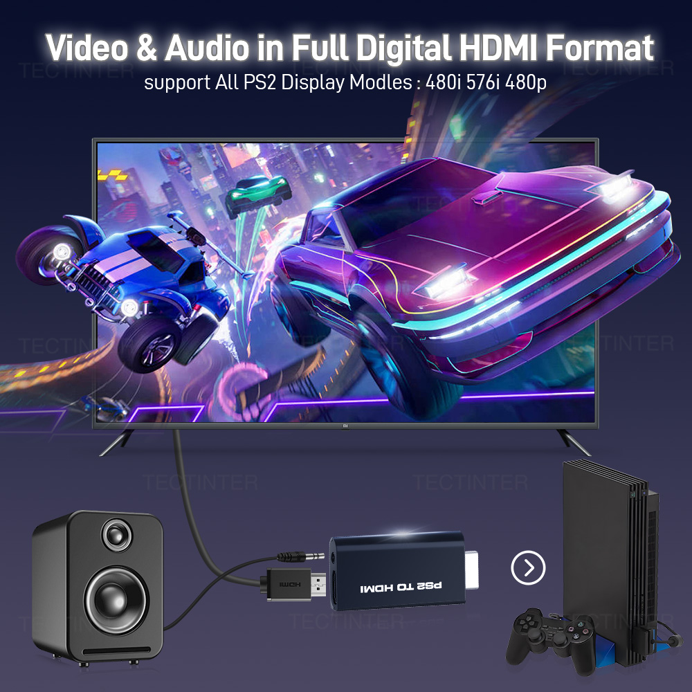 Full HDMI-compatible Converter Adapter for Sony PS2 Audio Video Converter 480i/480p/576i With 3.5Mm Audio Support for PS2 to HD