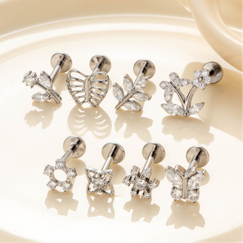 1 Buah Perhiasan Tindik Labret Titanium G23 Ulir Dalam, Stud Telinga Berhiaskan CZ Bentuk Bunga Kupu-kupu, Helix Tragus Stud Flatback, Perhiasan Tindik Bibir