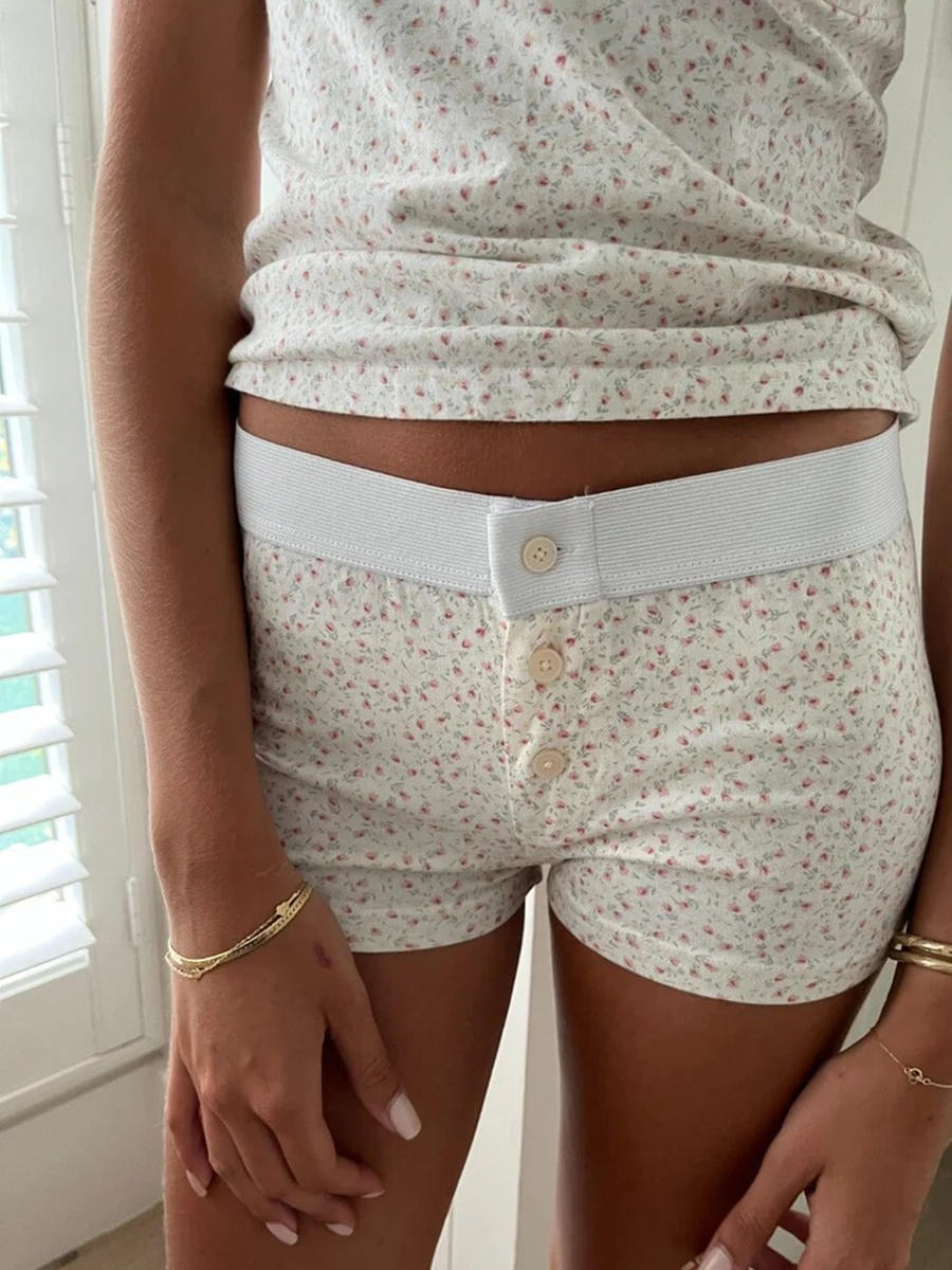 Lila Blumen druck Home Shorts Sommer Patchwork elastische Taille gerade kurze Hose lässig süße Baumwoll hose Frau Kleidung