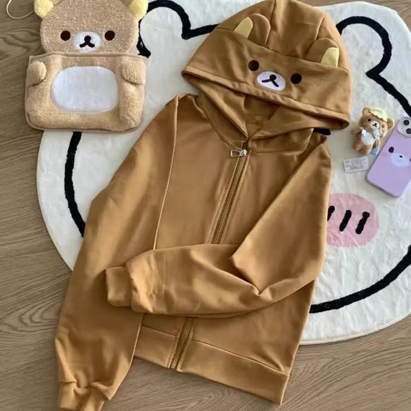Rilakkuma-女性用ジップアップフーディ,テディベアの耳,長袖ジャケット,カジュアルカーディガン,コットンウェア,かわいいファッション