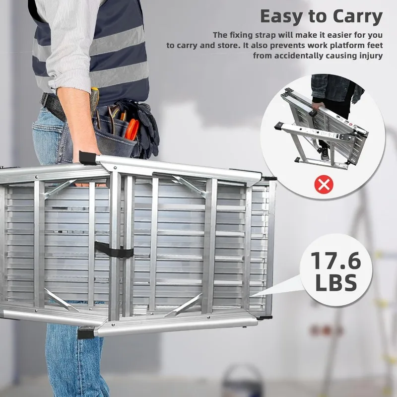 Adjustable Work Platform, (39.4" X 18.5") Portable Folding Aluminum Step Ladder, Scaffolding Platform of Capacity 330 LBS