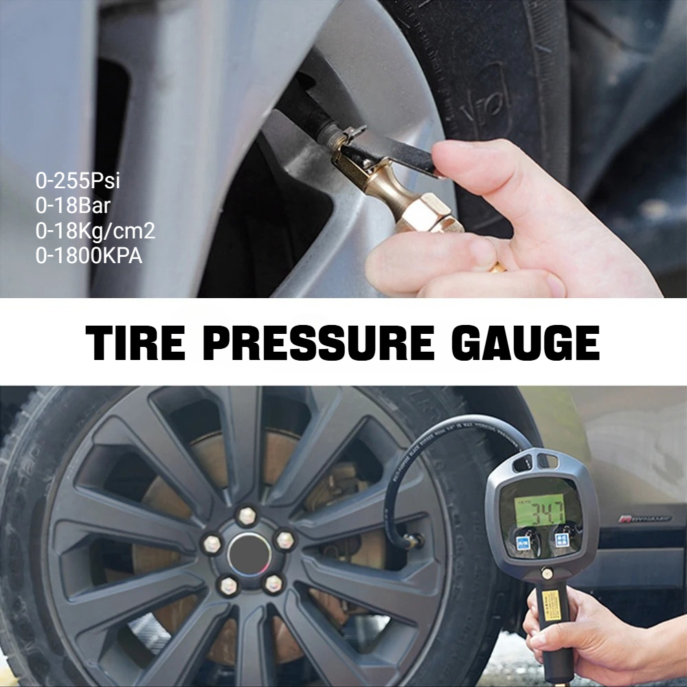 Profesjonalny miernik ciśnienia w oponach 0-18Kg/cm² i 0-1800KPA, precyzyjny pistolet do pompowania z wężem i dyszami do samochodów/motocykli.