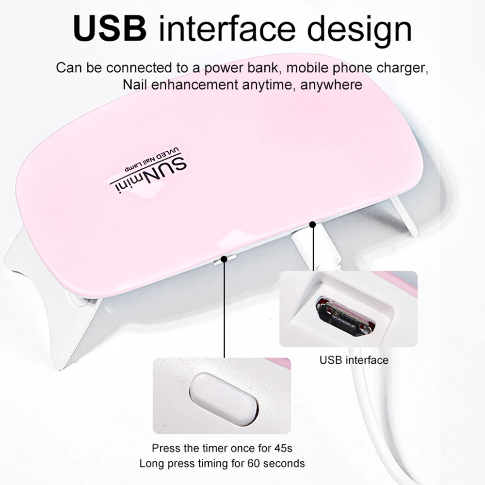 Mini lâmpada uv led para unhas, 6 led, gel, esmalte, conveniente, interface usb, design dobrável, manicure, luz de cura uv