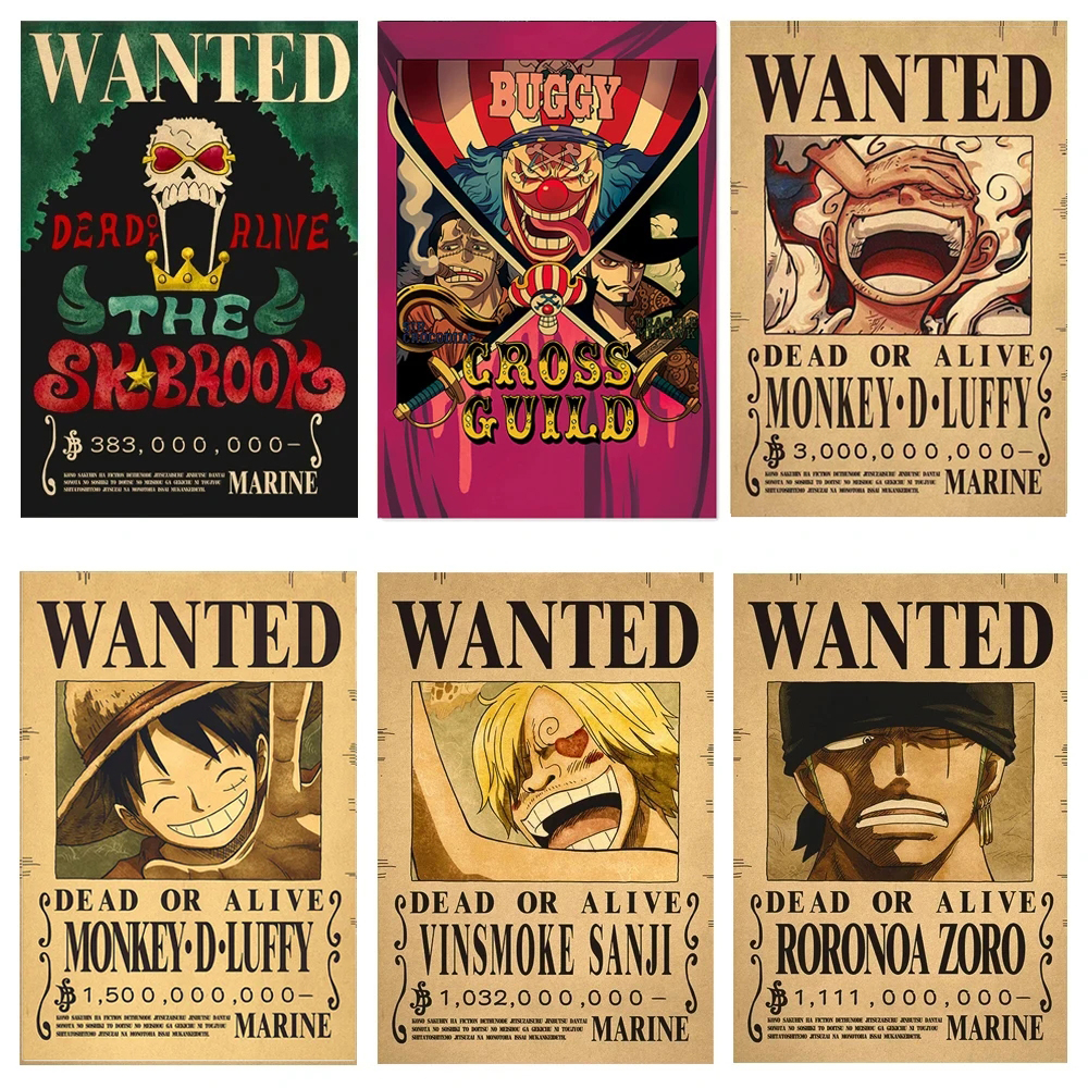 One Piece Luffy Gear 5 Nika Billion Bounty Wanted carteles cuatro emperadores Anime figuras de acción Vintage decoración de pared cartel Juguetes