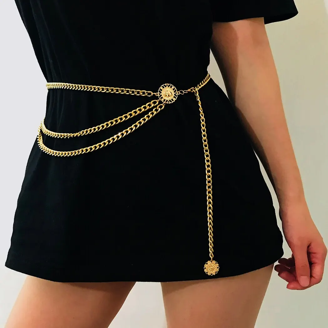 Boho Sexy Sunflower Königin Kopf Münze Quaste Anhänger Taille Bauch Gürtel Kette Frauen Sommer Bikini Rave Körper Schmuck Y2K Zubehör