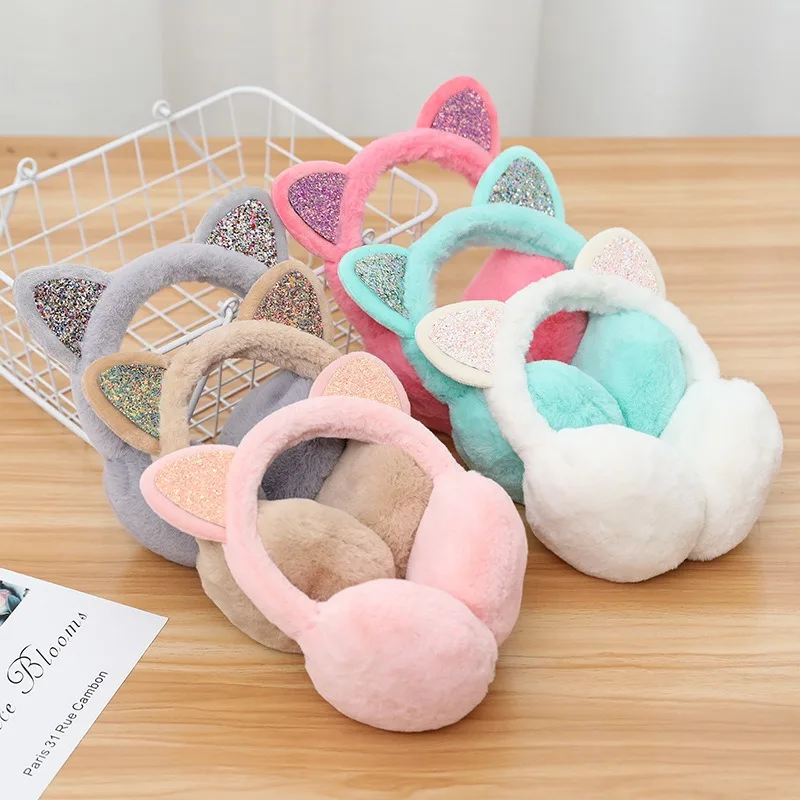 Orejeras juguetonas para niñas protección contra el frío cálido encantador invierno cálido calentadores de orejas de gato orejas brillantes orejeras de felpa para mujeres EZr02