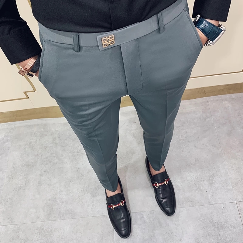 Primavera 2025 calças masculinas coreano fino ajuste casual tornozelo comprimento calças streetwear masculino de alta qualidade preto cinza cáqui vestido terno pant