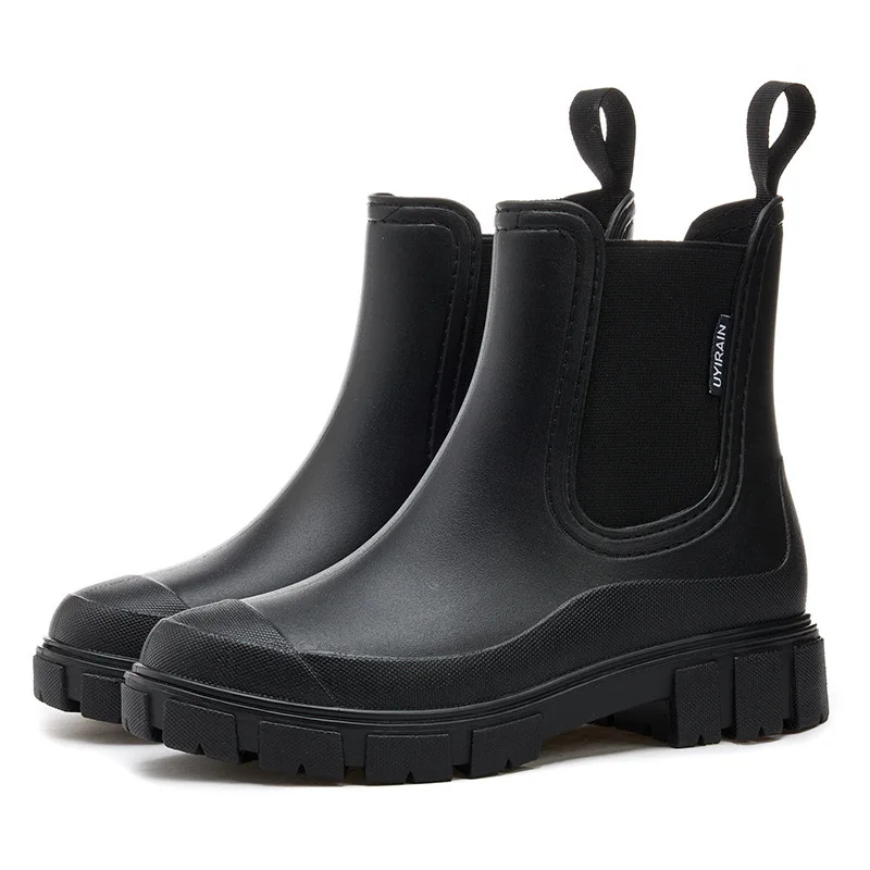 Botas impermeables para mujer, nuevo estilo, botines con boca elástica, zapatos de lluvia de media caña, botas de agua Chelsea antideslizantes para interiores y exteriores para mujer