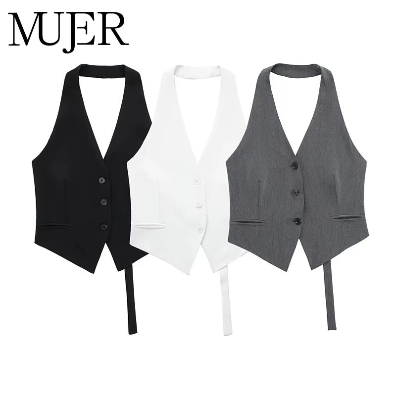 Muyer fora do ombro sem mangas colete feminino preto branco recortado colete mulher moda sem costas com decote em v casacos curtos verão