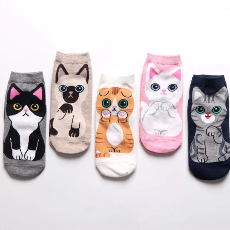 5 par/set calcetines tobilleros de gato lindo de dibujos animados para mujer transpirables perfectos para la moda del día a día